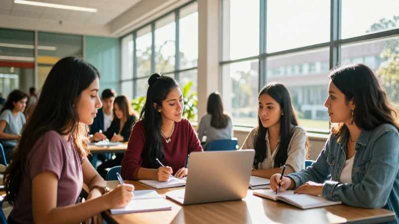 Estudiantes mexicanos en campus moderno y vibrante
