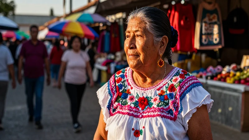Abuela mexicana en mercado vibrante con luz dorada