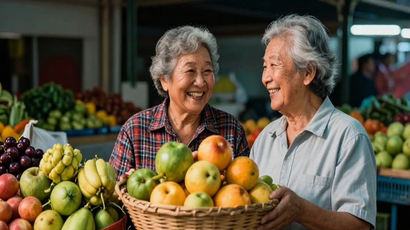 Pareja anciana alegre en vibrante mercado de frutas