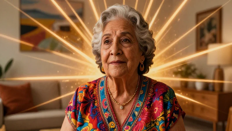 Mujer mayor mexicana con energía, luz cálida y hogar moderno