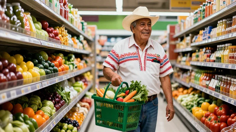 Abuelo mexicano feliz comprando verduras coloridas