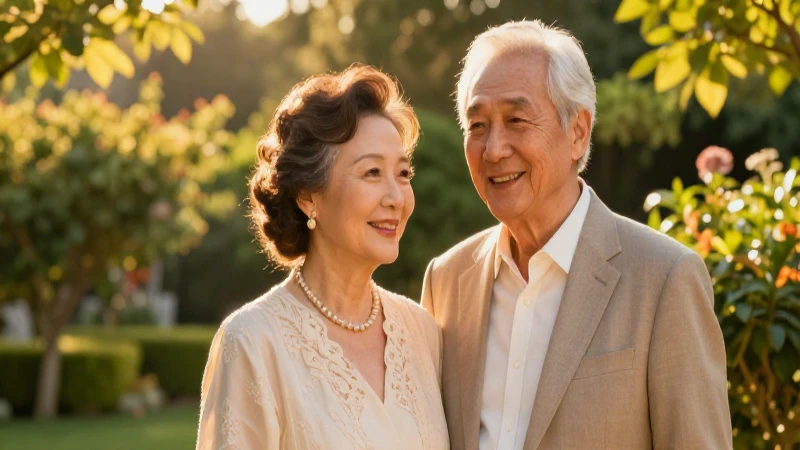 Pareja sonriente en jardín con luz dorada