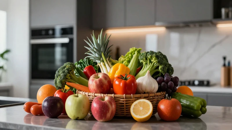 Cesta vibrante de productos frescos en cocina moderna