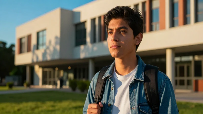 Joven estudiante mexicano en campus al atardecer