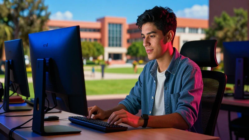 Estudiante motivado en entorno universitario moderno y dinámico