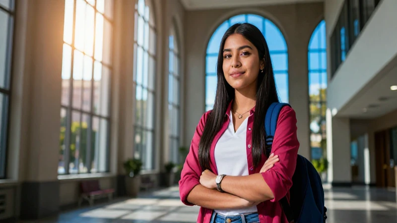 Estudiante mexicana exitosa en moderno campus