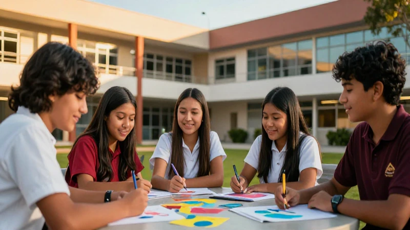 Jóvenes mexicanos creativos en campus vibrante