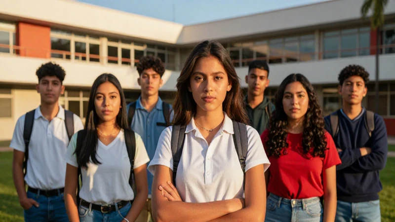 Ambiciosos estudiantes mexicanos en campus moderno