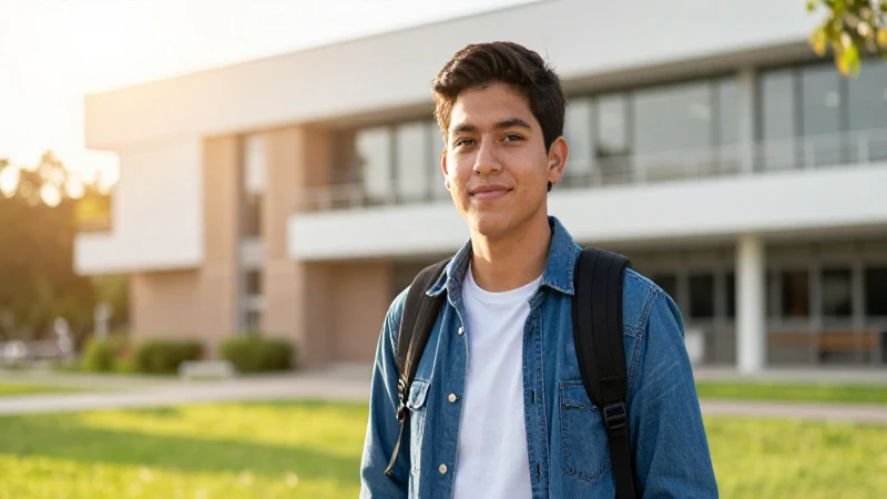 Estudiante mexicano en campus, luz dorada profesional