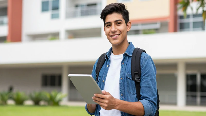 Joven estudiante mexicano digital en campus moderno