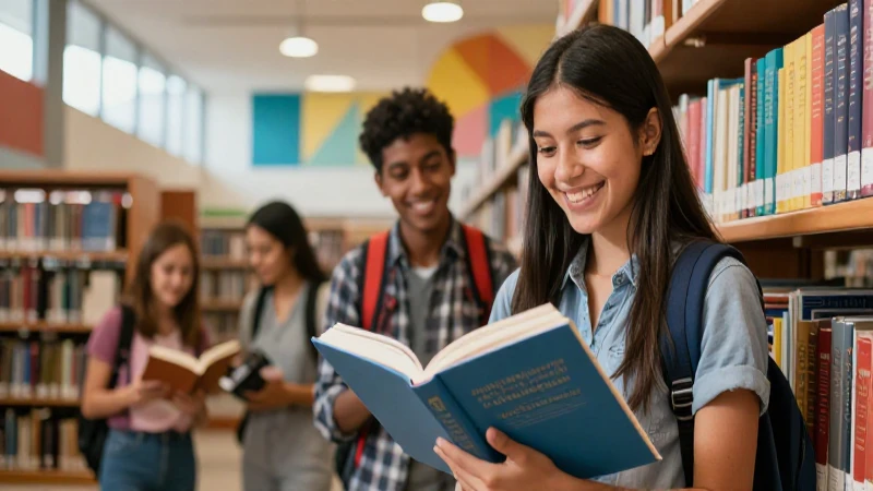 Estudiante mexicano sonriendo en biblioteca moderna