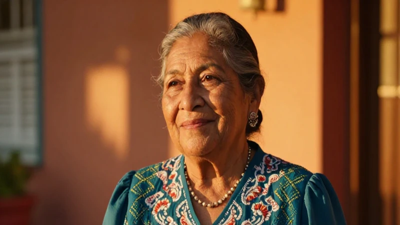 Abuela mexicana sonríendo en luz dorada