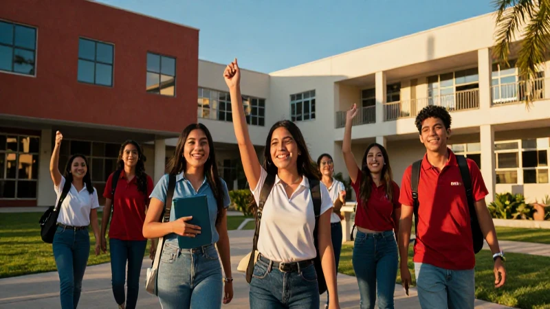 Estudiantes mexicanos celebrando en campus moderno
