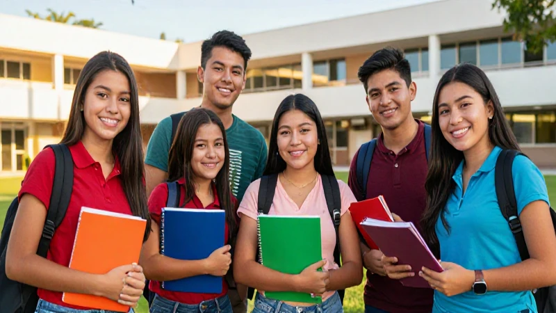 Estudiantes mexicanos felices, estudio en campus moderno