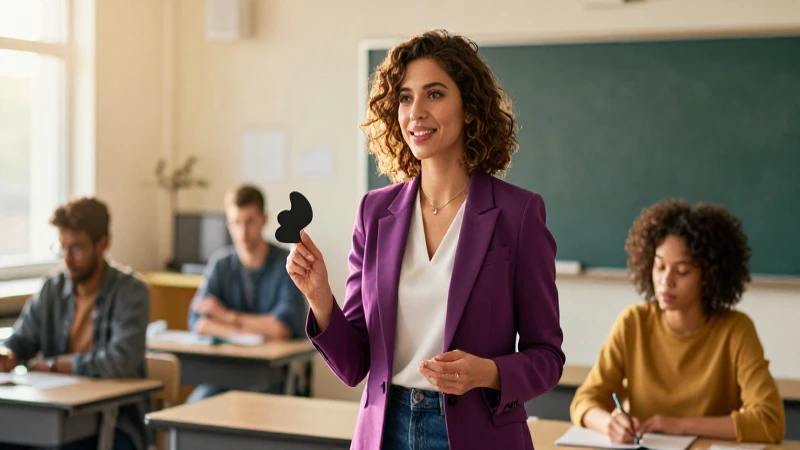 Maestra atractiva en aula con estilo cinematográfico
