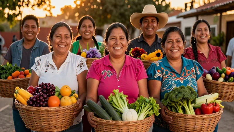 Comunidad mexicana vibrante con cosecha dorada
