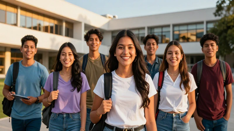 Estudiantes mexicanos en campus con luz dorada