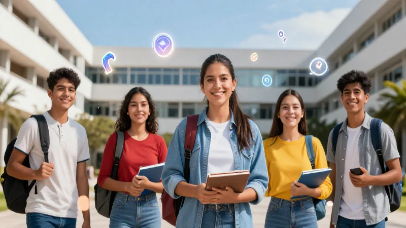 Estudiantes sonriendo en campus vibrante
