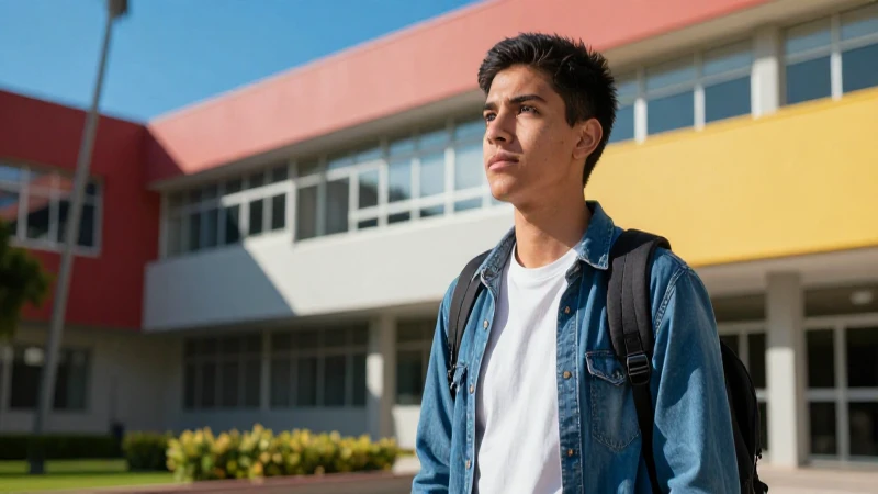 Estudiante mexicano decidido en campus universitario moderno