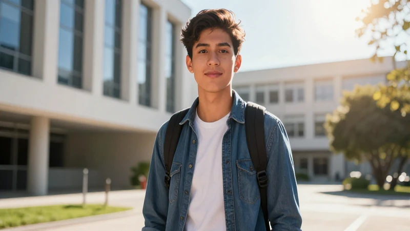 Joven estudiante mexicano ambicioso en campus moderno