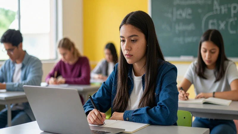 Estudiante mexicano decidido en un aula moderna y luminosa