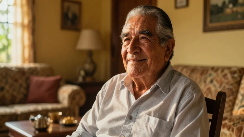 Hombre mexicano mayor sonriente en cálido salón