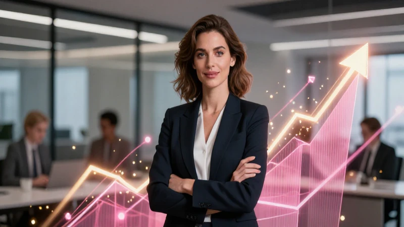 Mujer profesional en oficina con elementos de crecimiento financiero