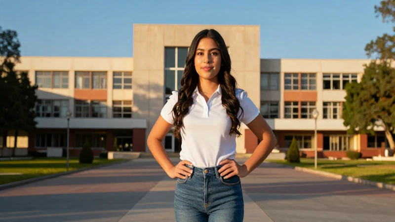 Estudiante mexicano sonríe en campus al atardecer