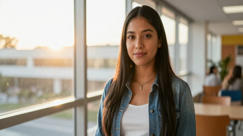 Estudiante mexicana, luz dorada y ambiente vibrante