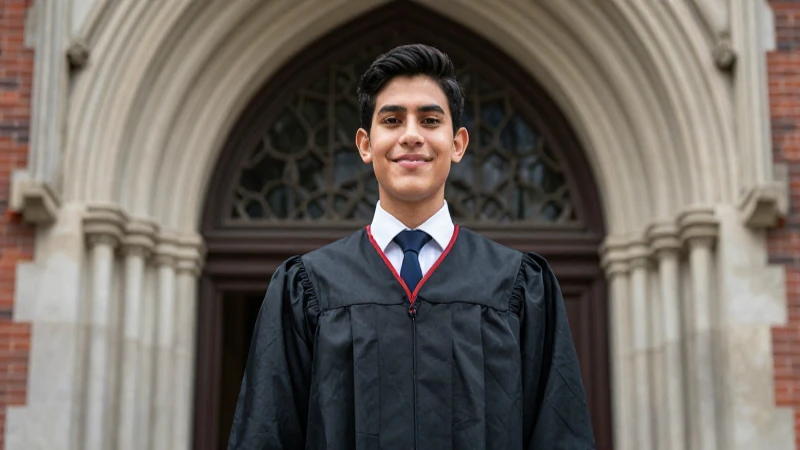 Estudiante mexicano hiperrealista ante arco gótico