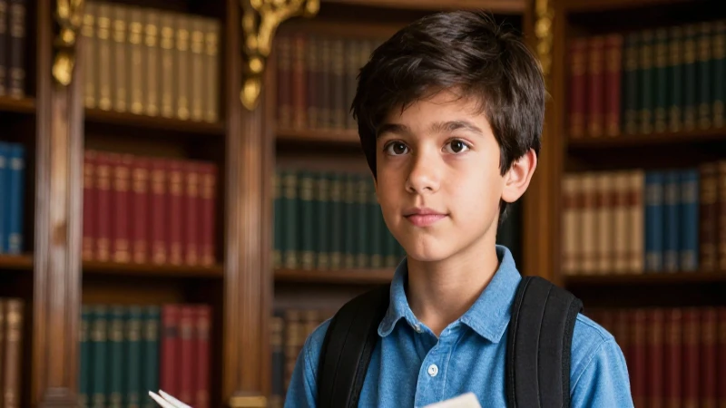 Joven brillante en dramática biblioteca universitaria