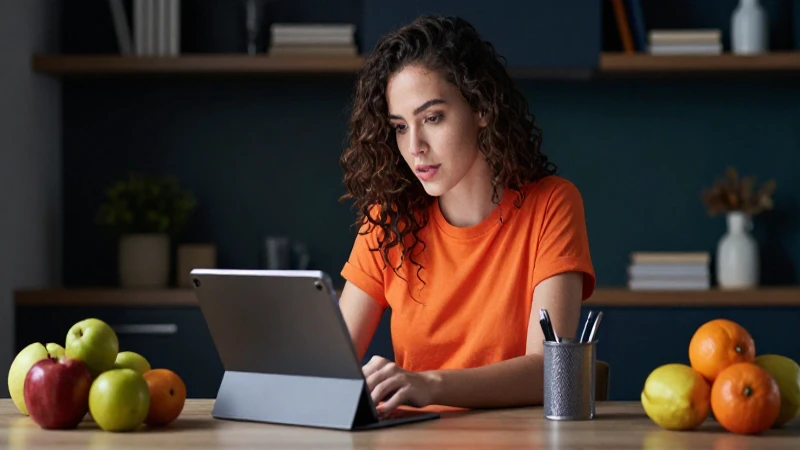 Joven estudian con tablet, frutas y luz cinematográfica