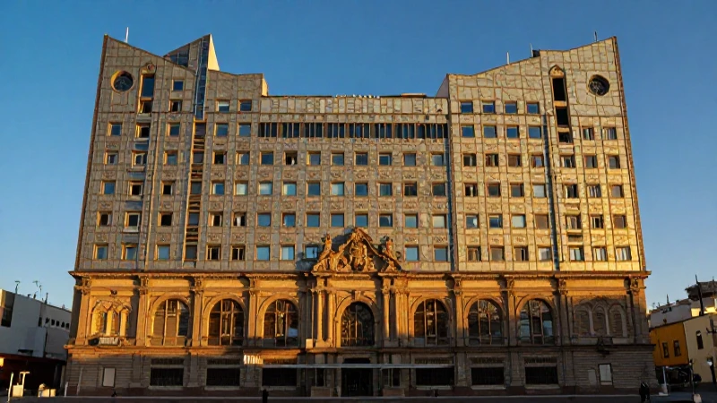Fachada imponente de Harmon Hall al atardecer