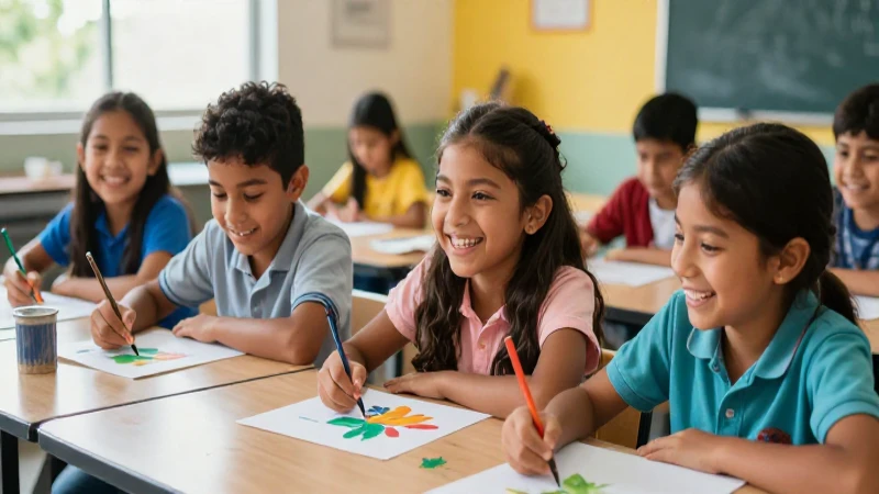 Niños mexicanos pintan felices en aula moderna