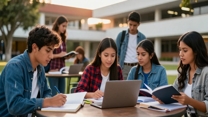 Estudiantes mexicanos estudiando en campus universitario moderno