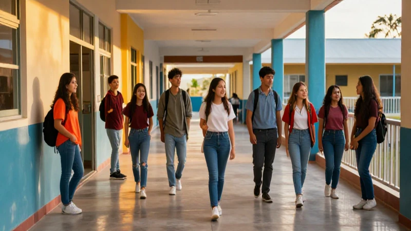 Estudiantes mexicanos en pasillo escolar vibrante
