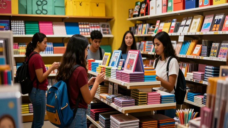 Jóvenes mexicanos en vibrante tienda de útiles