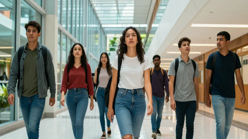Estudiantes mexicanos en pasillo universitario moderno
