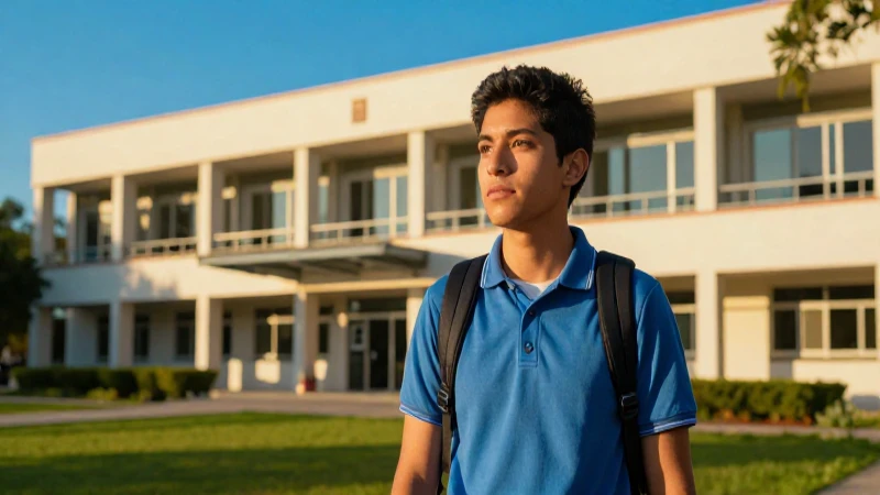 Joven mexicano en campus universitario, atardecer vibrante y moderno
