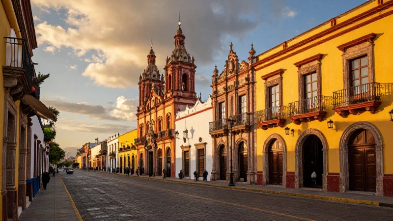 Calle mexicana vibrante al atardecer