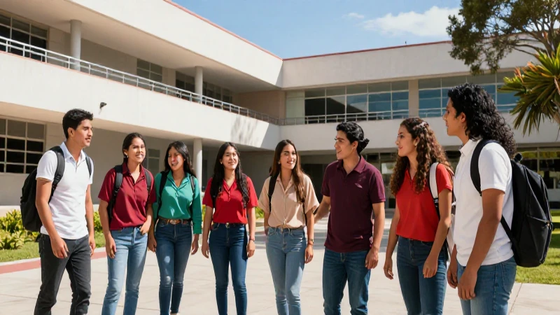 Estudiantes mexicanos diversos colaboran en un campus moderno