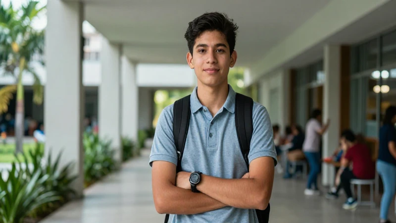 Estudiante mexicano confiante en campus moderno