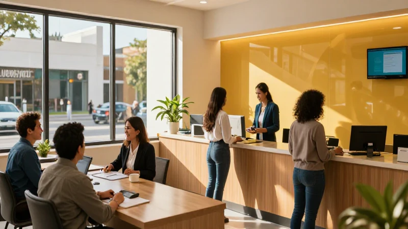 Banco moderno con clientes mexicanos satisfechos