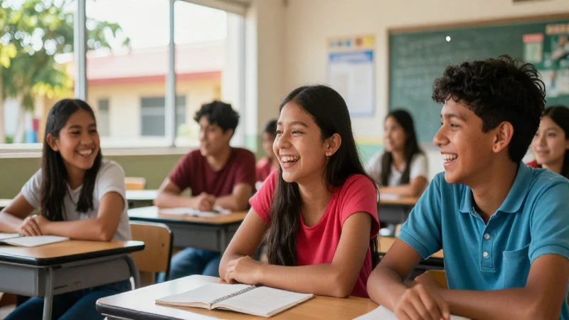 Niños mexicanos riendo en aula moderna