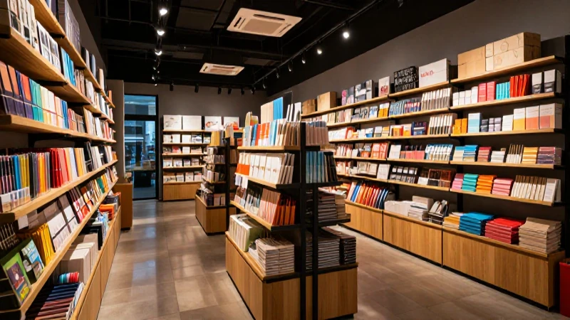 Tienda de papelería moderna con luz y alto contraste