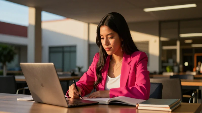 Estudiante mexicano en campus moderno con luz dorada