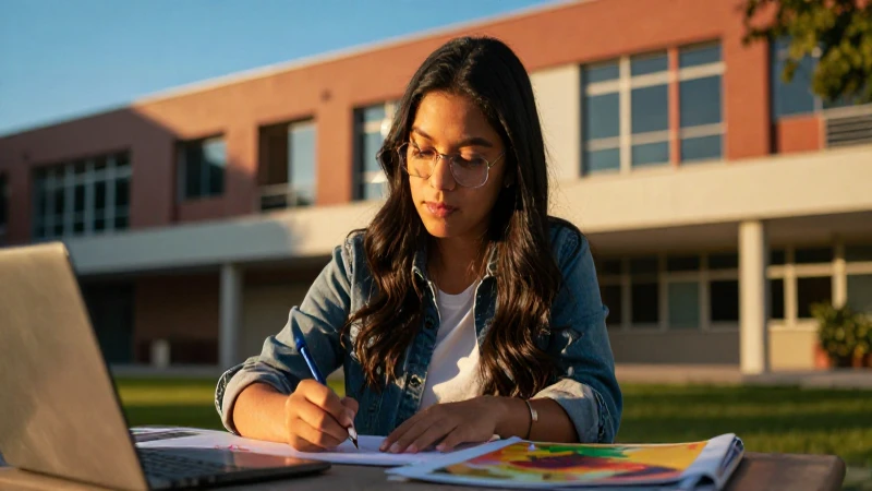 Estudiante creativa en campus vibrante con luz dorada