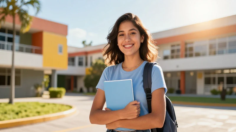 Joven estudiante mexicano exitoso en campus moderno