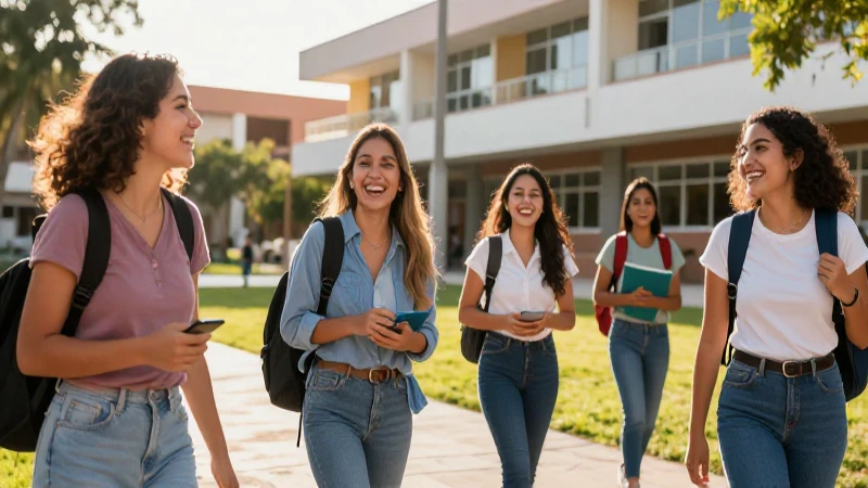 Estudiantes mexicanos diversos ríen en campus moderno