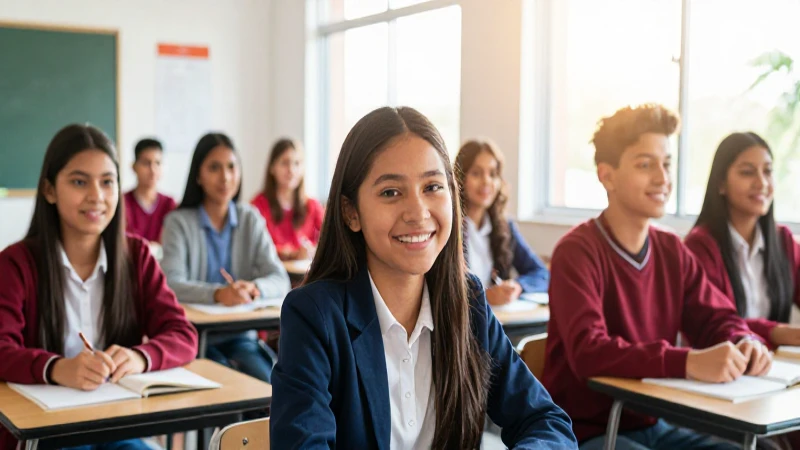 Estudiantes sonrientes en aula con luz dorada